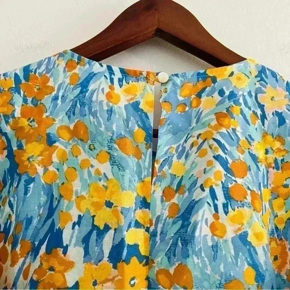New J. McLaughlin Yellow Blue Floral Blouse Top Linen Blend - Picture 8 of 15